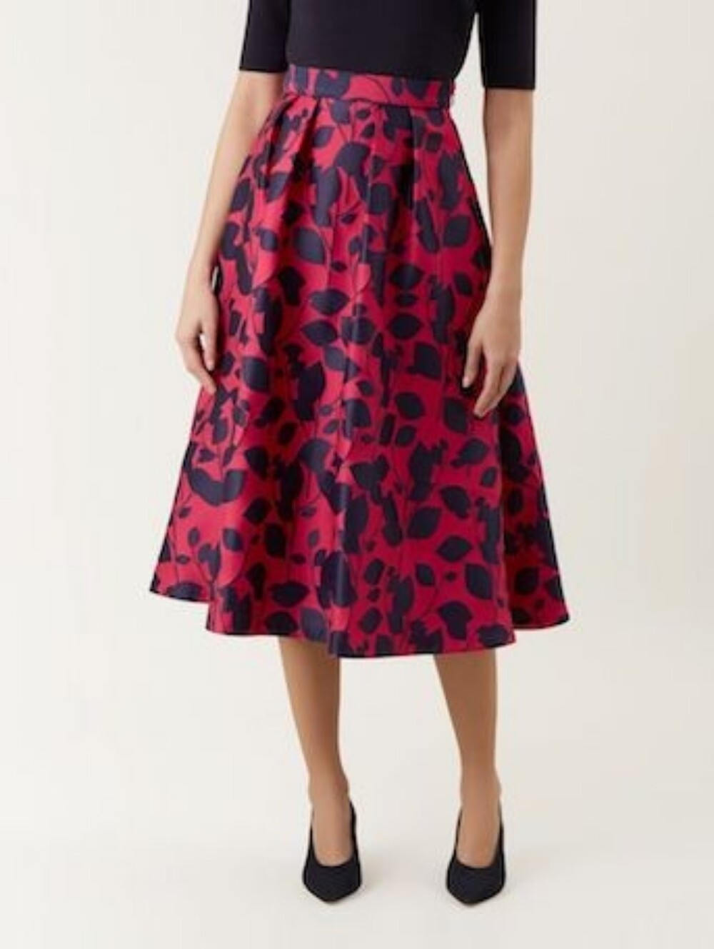 Hobbs London Hermione Print A-Line Skirt Navy Pink Leaves Size US6 EUC